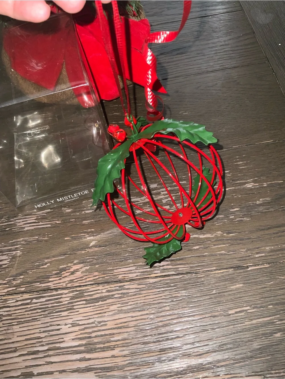 Festive Red Metal Mistletoe Ball Ornament - 7”